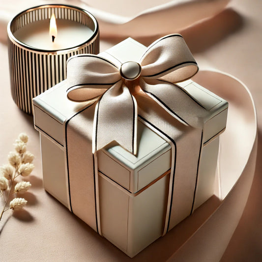 An elegant and sophisticated blog featured image for a candle gift guide. The image showcases a beautifully wrapped candle with a bow