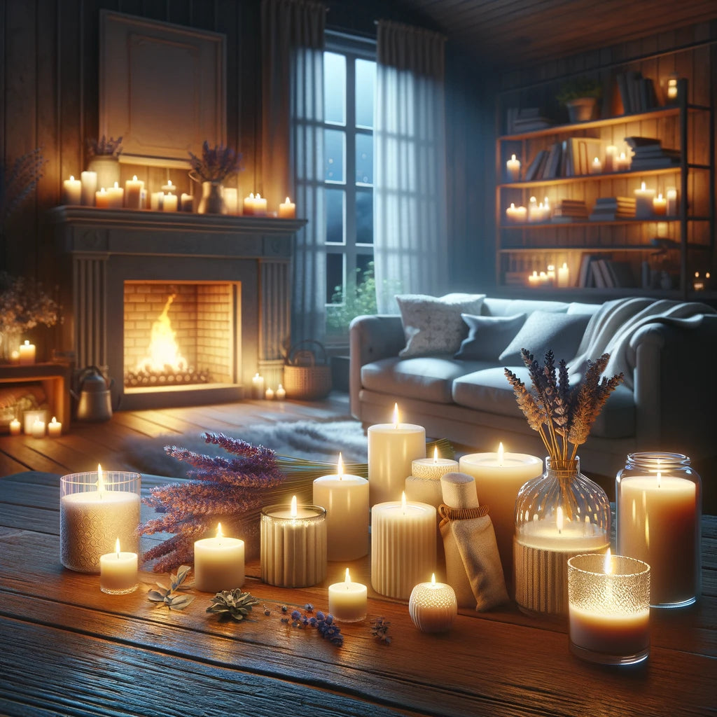 Cozy home interior at night with aromatherapy candles, featuring a glowing fireplace, lavender, chamomile, and sage scents in a tranquil living room setting